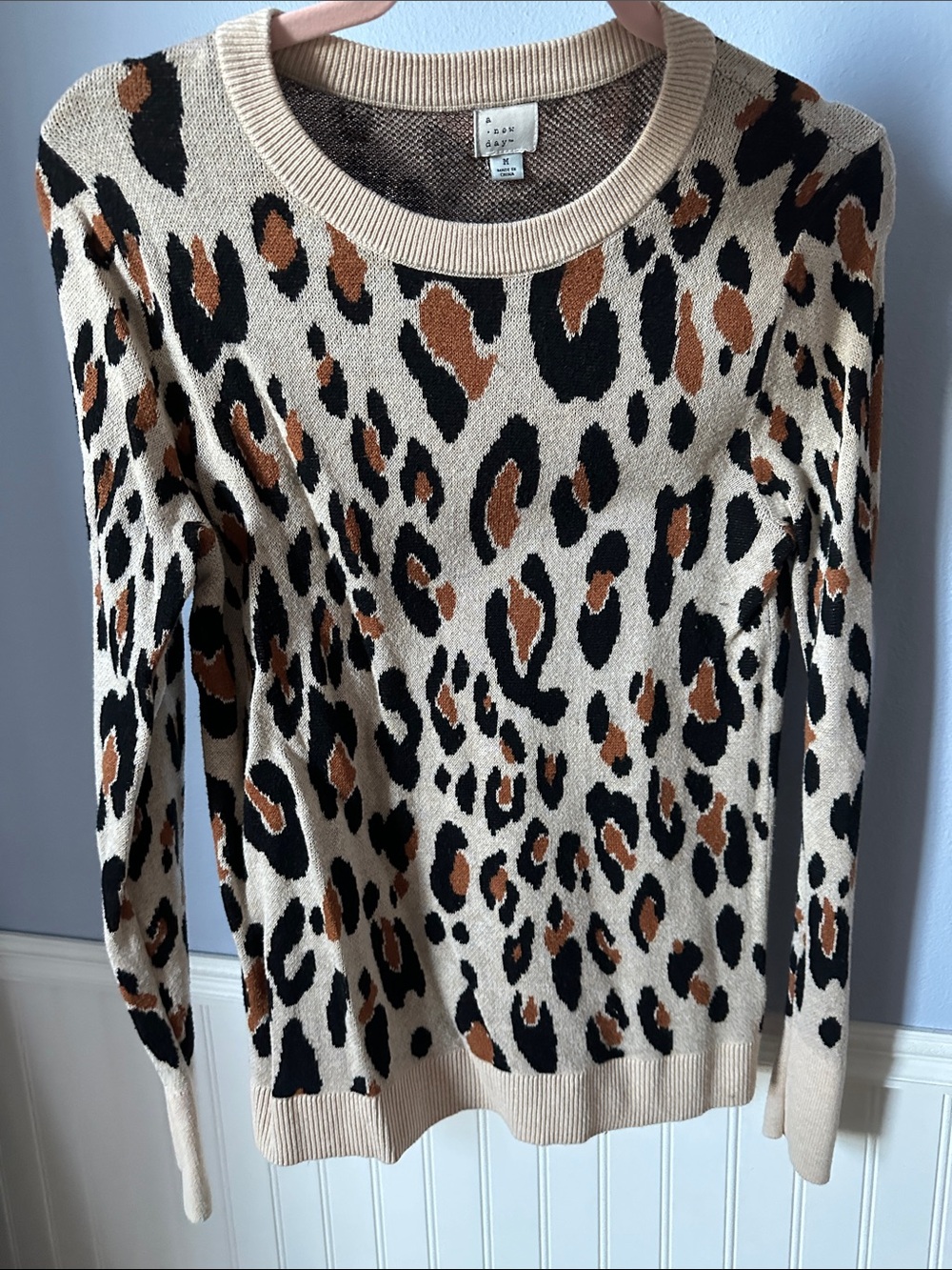 a new day Beige Leopard Crewneck Sweater with Black and Brown Spots